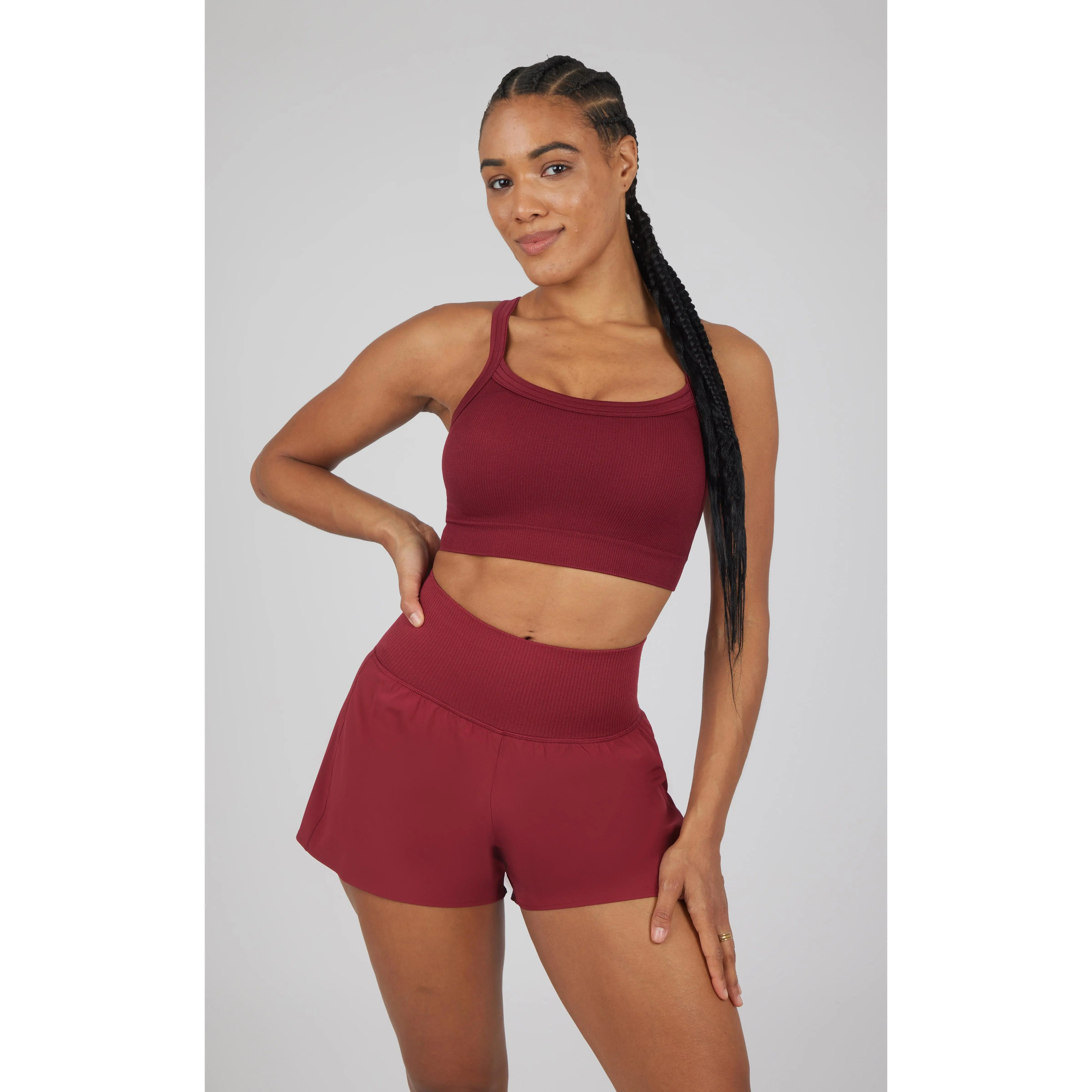 2 PC Ribbed Seamless Strappy Bra and Woven Short