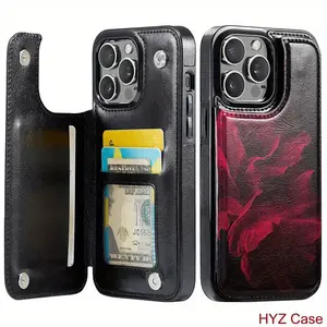 Luxury Red Rose Leather Wallet Card Holder Phone Case for iPhone 17/16/15/14/13/12 Pro/Plus/Pro Max/Air Protection Shockproof