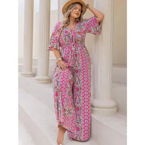 Plus Size Printed Half Sleeve Wide Leg Jumpsuit