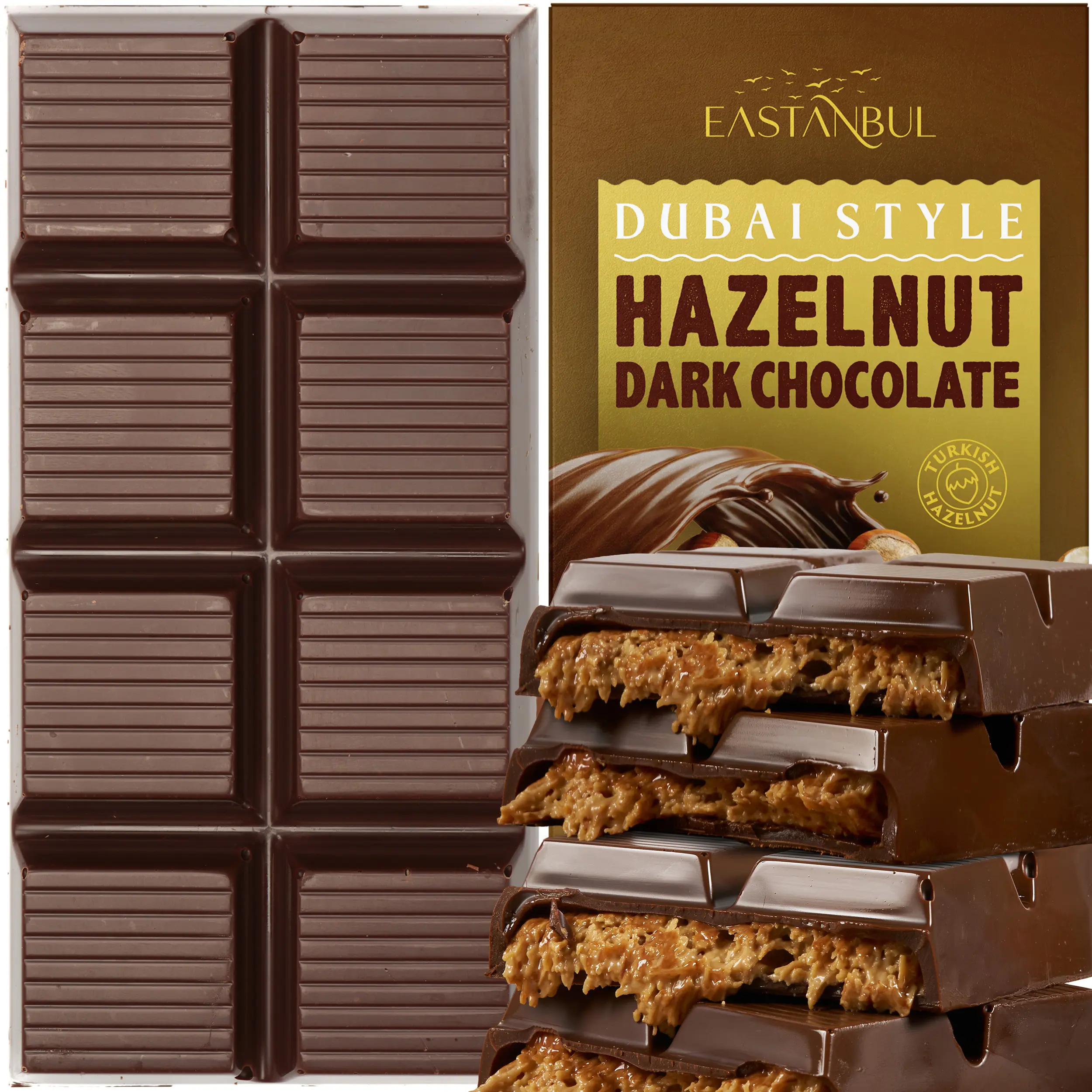 Eastanbul Dubai Dark Chocolate Bar with Hazelnut & Kunafa, 7oz Viral TikTok Chocolate, Crunchy Phyllo Dough Dessert
