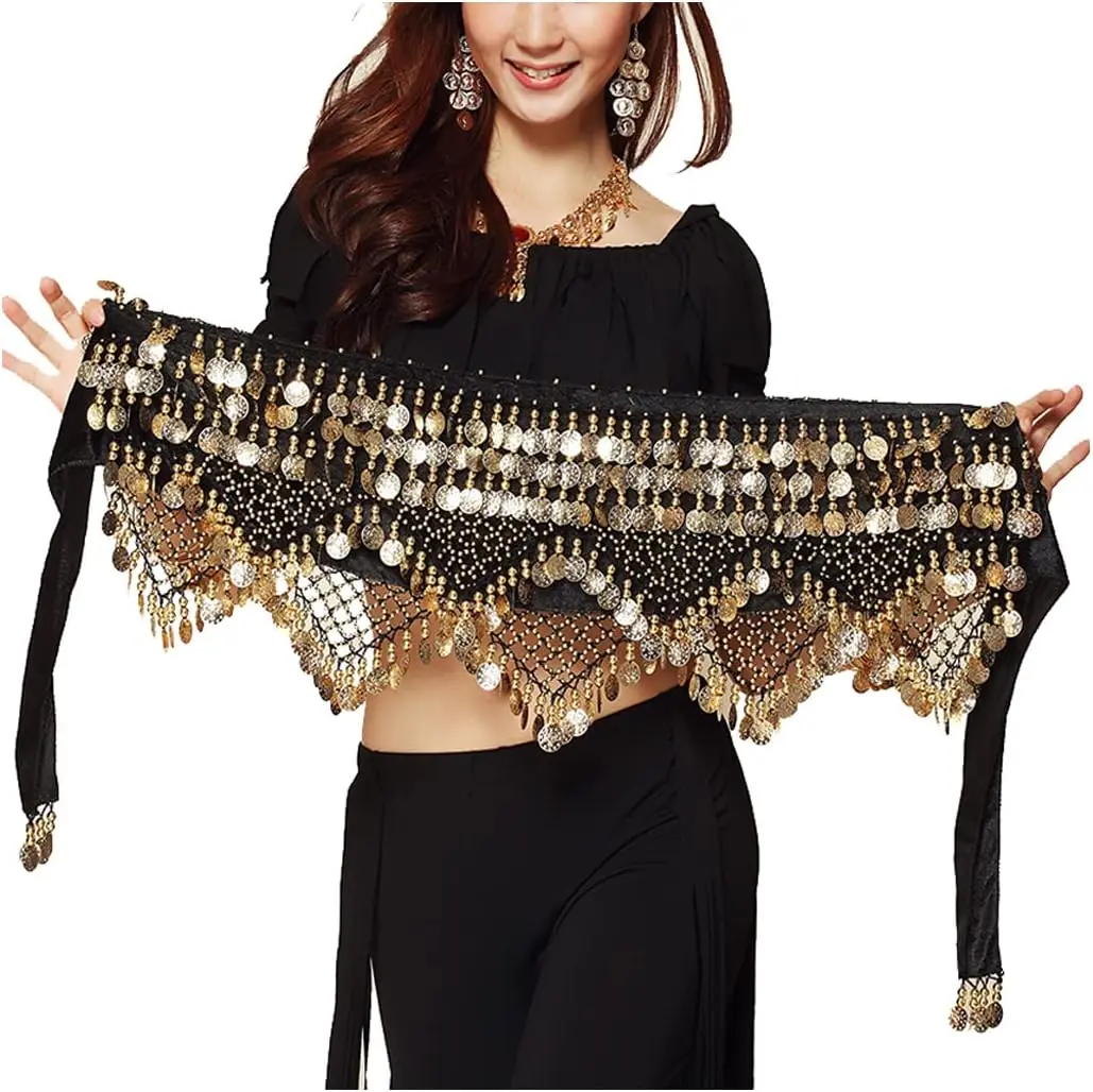 Wuchieal Women's Cute Beaded Velvet Belly Dancing Hip Scarf - Gold Coins Wrap Skirt, Noisy Dance Performance Accessory for Clothes & Costumes, Accessories, Women's Clothes, Beads, Elegant, Egyptian, Fashion Accessory