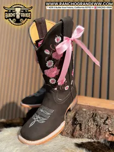 428 Ladie's Cowgirl Boots Pink Bun & Flowers Genuine Leather / Botas Vaqueras para Dama -Mujer Estilo Rodeo Punta cuadrada con Mono y Flores  Rosas
