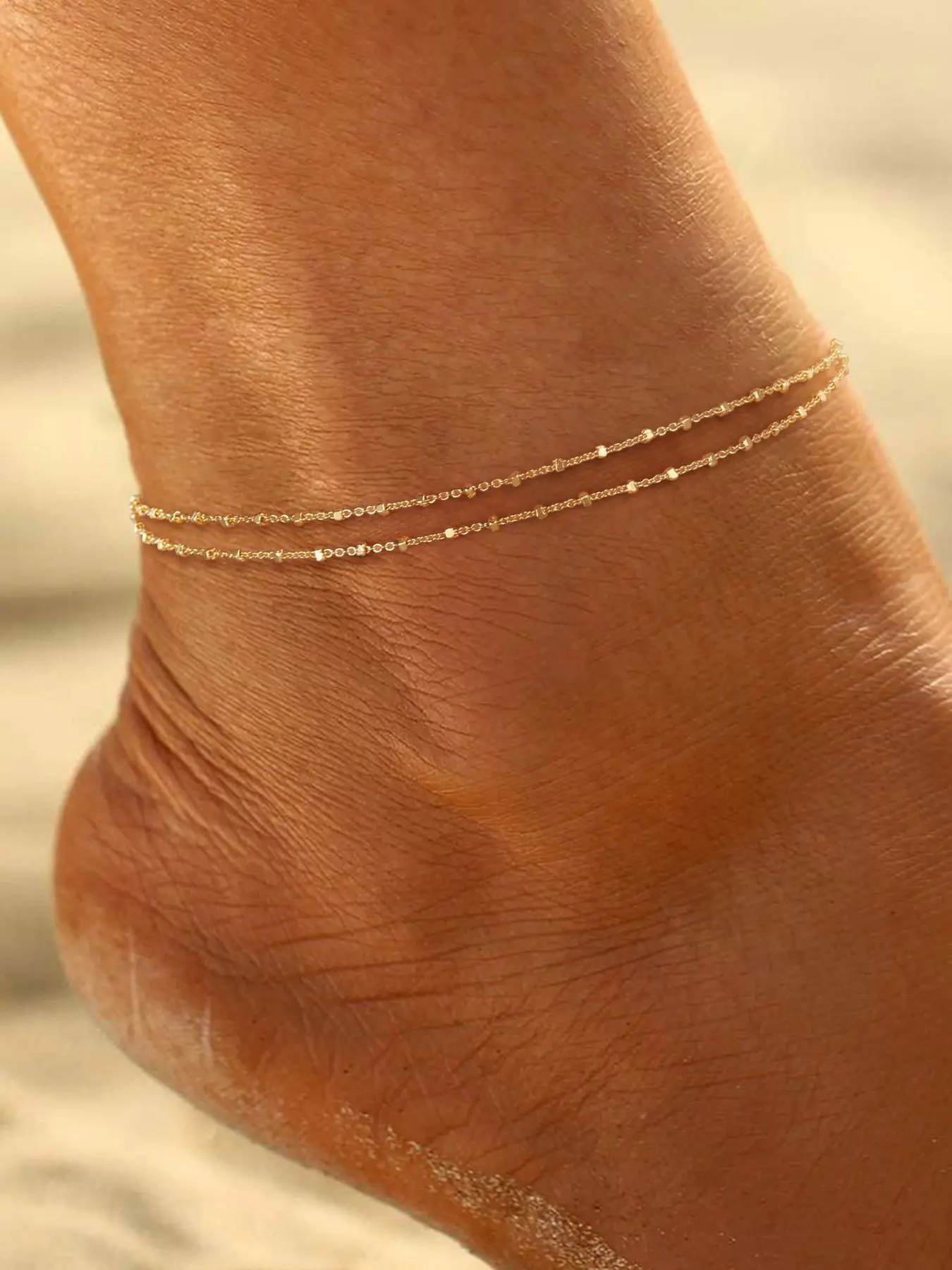 Women's Summer Beach Layered Anklet Set, Bohemian Style Flat Snake Chain & Twisted Chain, High-End Dual-Layer Ankle Jewelry, Layered Design