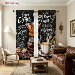 Two 2D printed coffee time art semi blackout curtains with pole bag design - suitable for office, kitchen, living room, coffee shop - polyester fabric home decoration