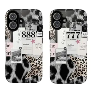 Monochrome Leopard Print Aesthetic Phone Case Grunge Collage Vibes Tough Tech Gift for iPhone 16 15 14 13 12 11 Pro Max X XS XR Samsung Galaxy S23 S22 Ultra Durable Protection Wireless Safety Shell Casing Cellphone Rubber Pro Compatible with iPhone 17 Air
