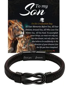 2026 High School/College Graduation Gift: Men's Leather & Stainless Steel Knot Bracelet Paired with a Heartfelt Greeting Card—An Enduring Symbol of Love and Encouragement. A Braided Leather Bracelet—The Perfect Graduation Gift for Your Son.