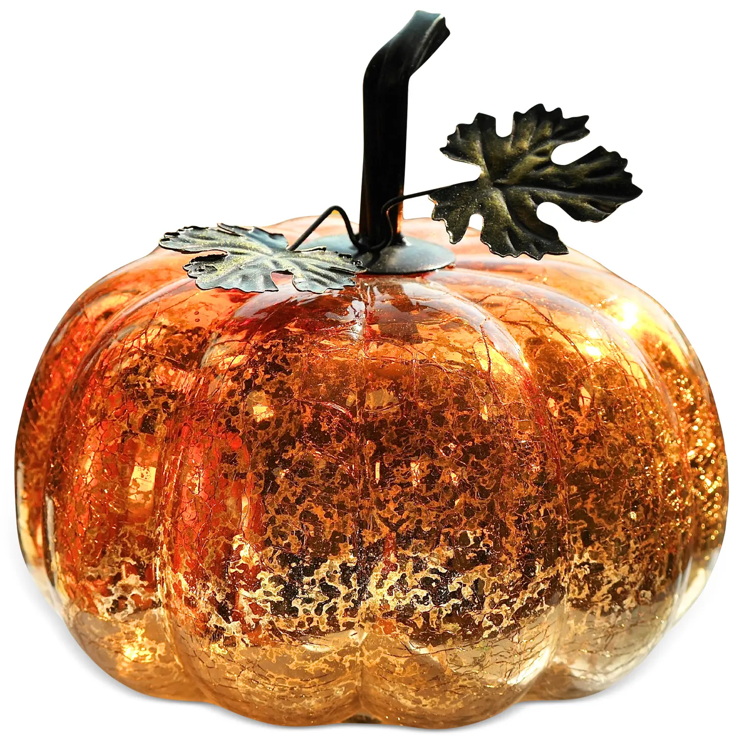 Golden Glass Pumpkin Night Light - Elegant Glowing Table Centerpiece with Warm Light Battery-Powered for Halloween Christmas Thanksgiving Fall Harvest Decor Mantel Party Home Decoration