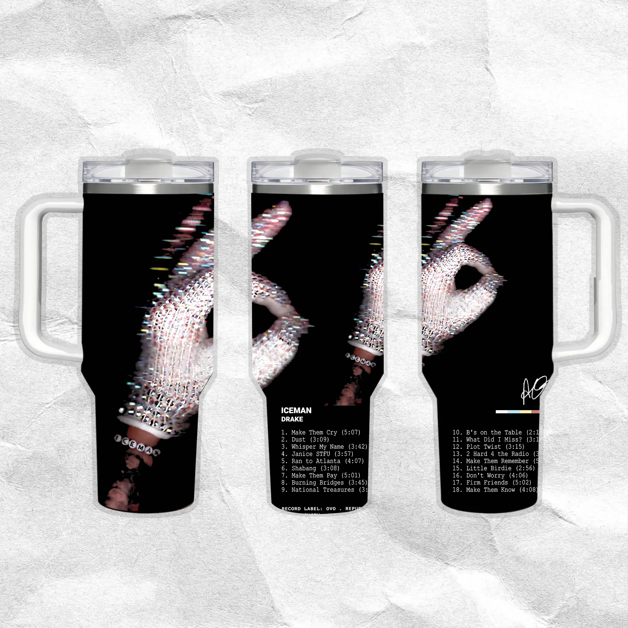 Drake - Ice Man Tracklists Official Pattern 40oz Handle Tumbler – Retro Fantasy Stainless Steel Travel Mug, Hawkins Inspired Horror Cup, Double Wall Thermal Drinkware, Large Iced Coffee Tumbler, Gift for TV Show & Dungeon Game Fans
