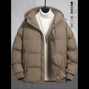 Men's Plain Pocket Zip Up Thick Warm Hooded Puffer Coat Regular Fit Long Sleeve Padded Winter Cold Weather Jacket
