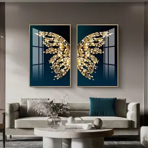 2pcs Nordic Luxury Modern Minimalist Design Living Room Golden Butterfly Decorative Painting Poster Restaurant Background Wall Canvas Mural Living Room Home Frameless Decoration