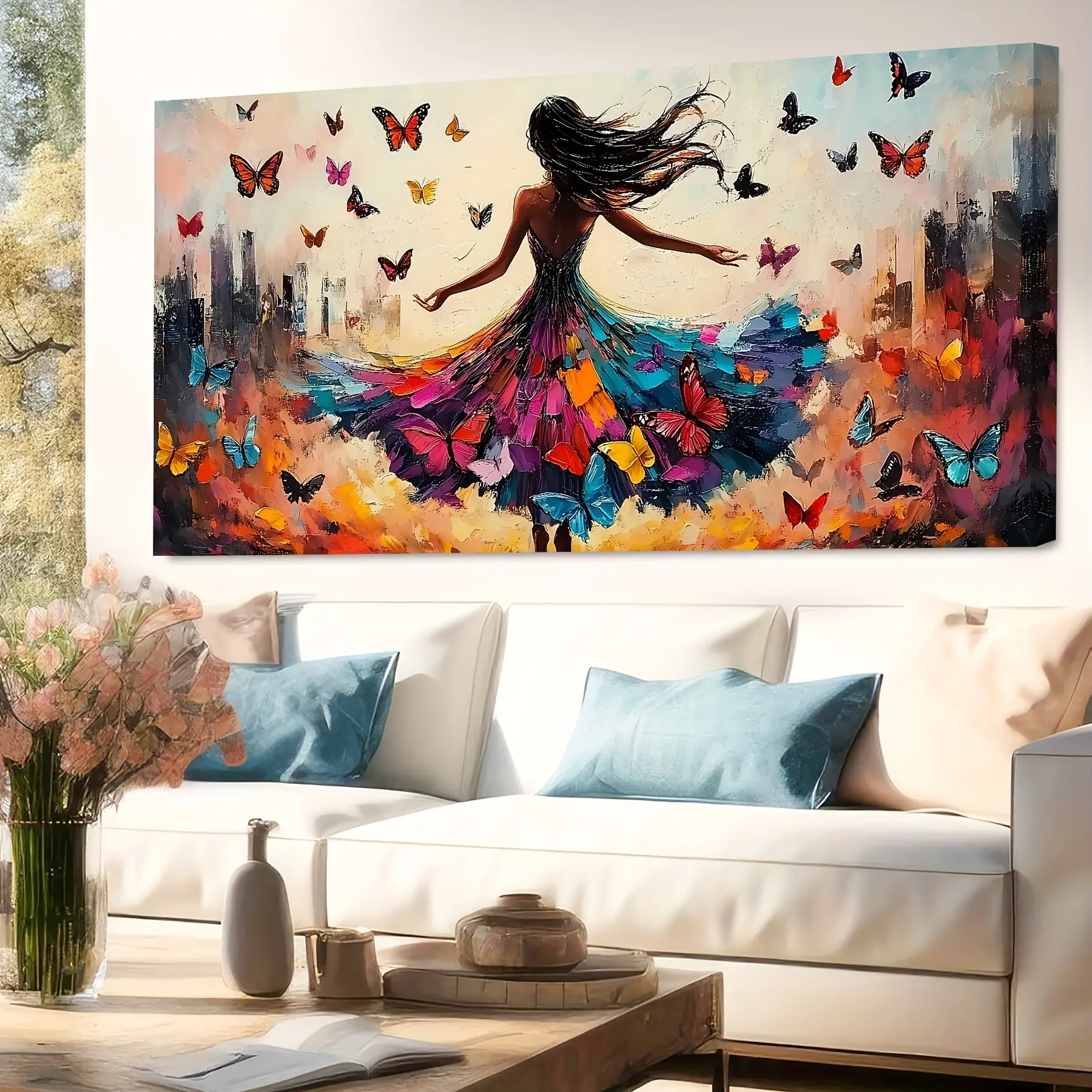 Artistic Modern Abstract Butterfly Pattern Canvas Print with Solid Wood Inner Frame, Colorful Style Home Decor, Living Room & Bathroom Decorations, Decor Inspo Ideal Valentine's Day Gift, Modern Abstract Design
