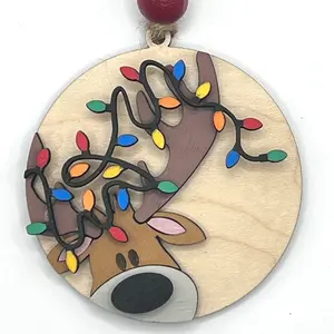 Wooden Christmas Ornament with Reindeer - Hand Painted