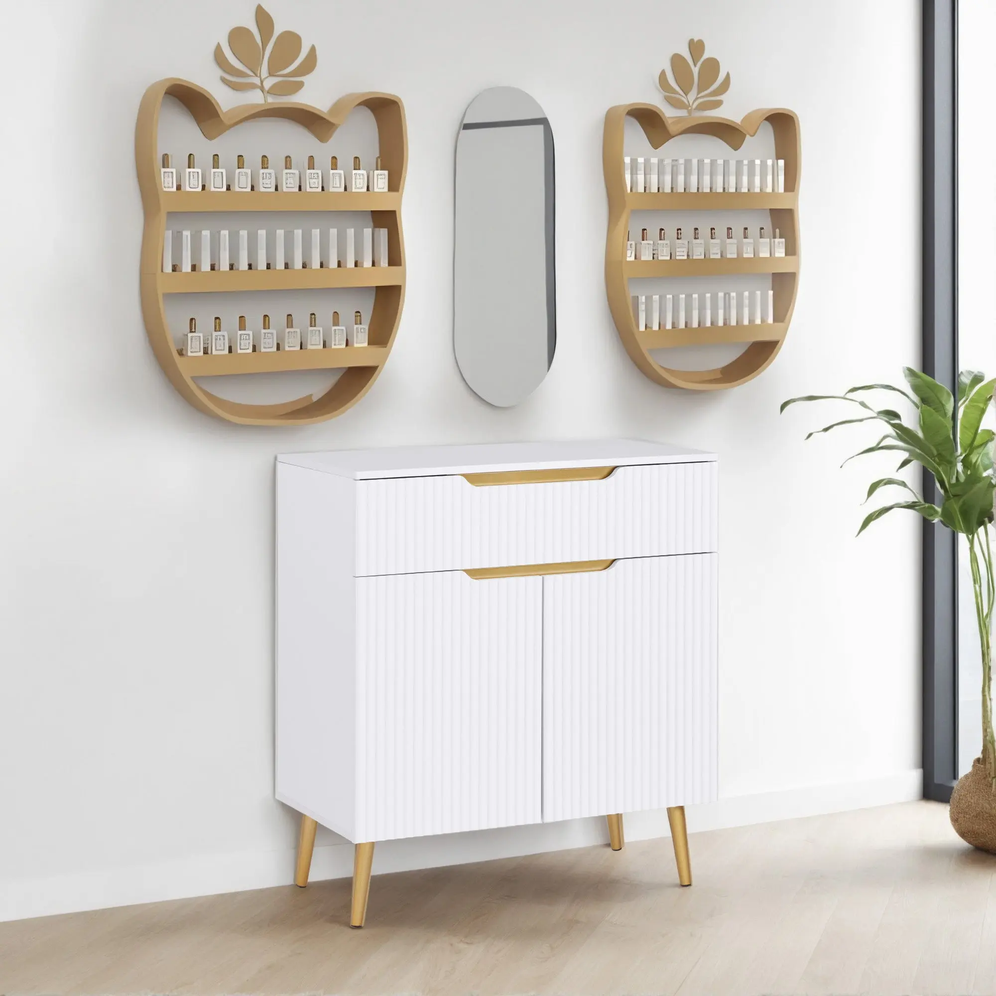 BarberPub Fluted Barber Station with Drawer & Cabinet, Beauty Salon White Storage Organizer 3196