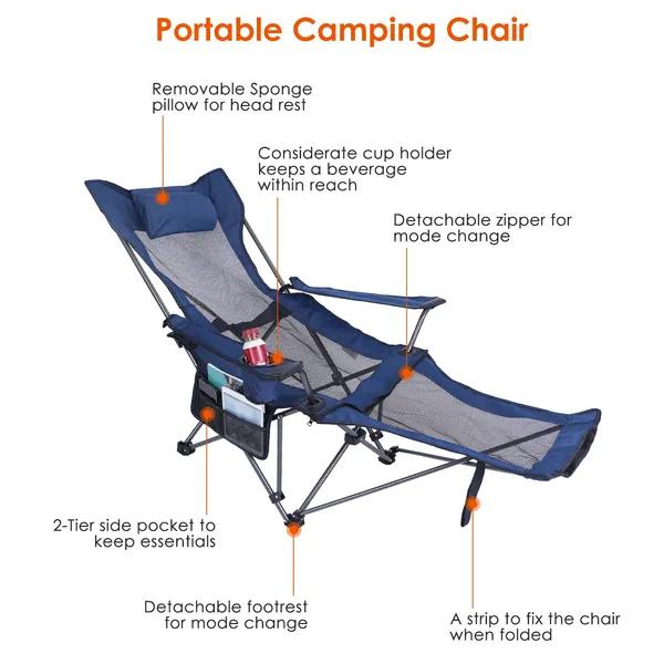 Foldable Camping Chair Collapsible Reclining Chair 330LBS Load Heavy Duty Steel Lawn Chair With Reclining Backrest Angle Cup Holder Pillow Side Pocket Carry Bag