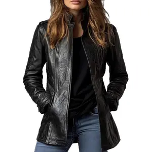 Women's Leather Jacket Stand Collar Long Sleeve Vintage Trendy Gothic PU Leather Jacket Coat