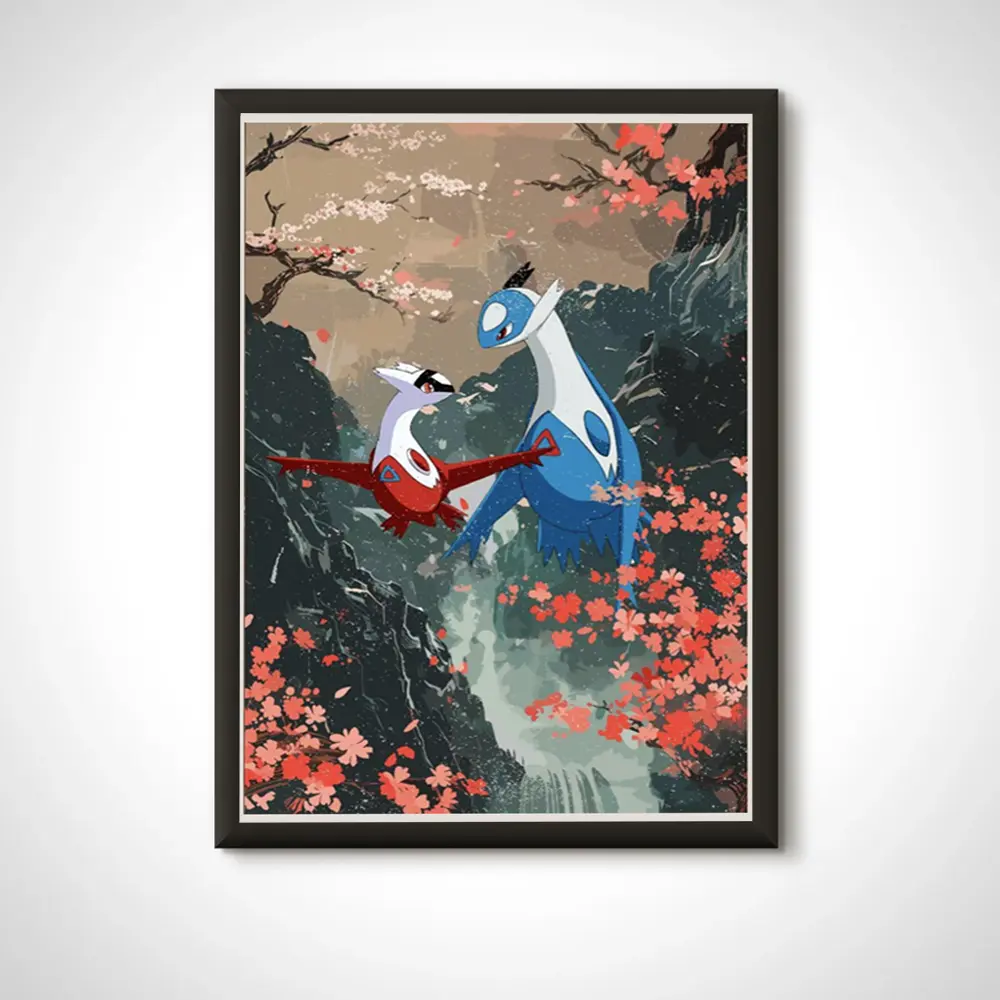 Latias and Latios: Japanese Style Legendary Pokemon Inspired Anime Art, Pokemon TCG Latias and Latios, Unframe Poster/Canvas 1.5 in Frame