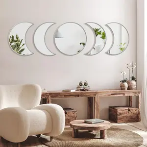5 Pieces Acrylic Mirror Wall Stickers 15cmNatural Wall Decor Self Adhesive Mirrors Stickers Moon Phase Mirror Bohemian Wall Decoration for Home Living Room Bathroom Bedroom Decor