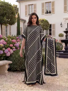 Elegant Fashion Geometric Pattern Robe Set, Hooded Shawl Dress + Long Headscarf Hairband, Women's Beach Swimwear Cover Up Sun Protection Satin Scarf, Swimwear Coverups, Swimsuit Cover Ups