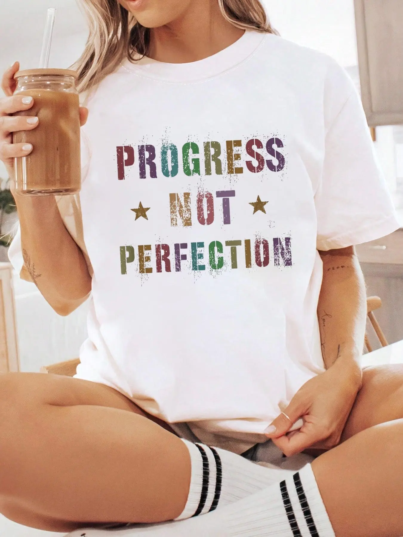 Women's 100% Cotton Short-Sleeve Round Neck Loose T-Shirt - Unisex Streetwear, Funny "Strive Commit PROGRESS NOT PERFECTION" Print, Labor Day Casual Top, wt-y689576, Shortsleeve, Tshirt, Graphic Print, Loose Fit