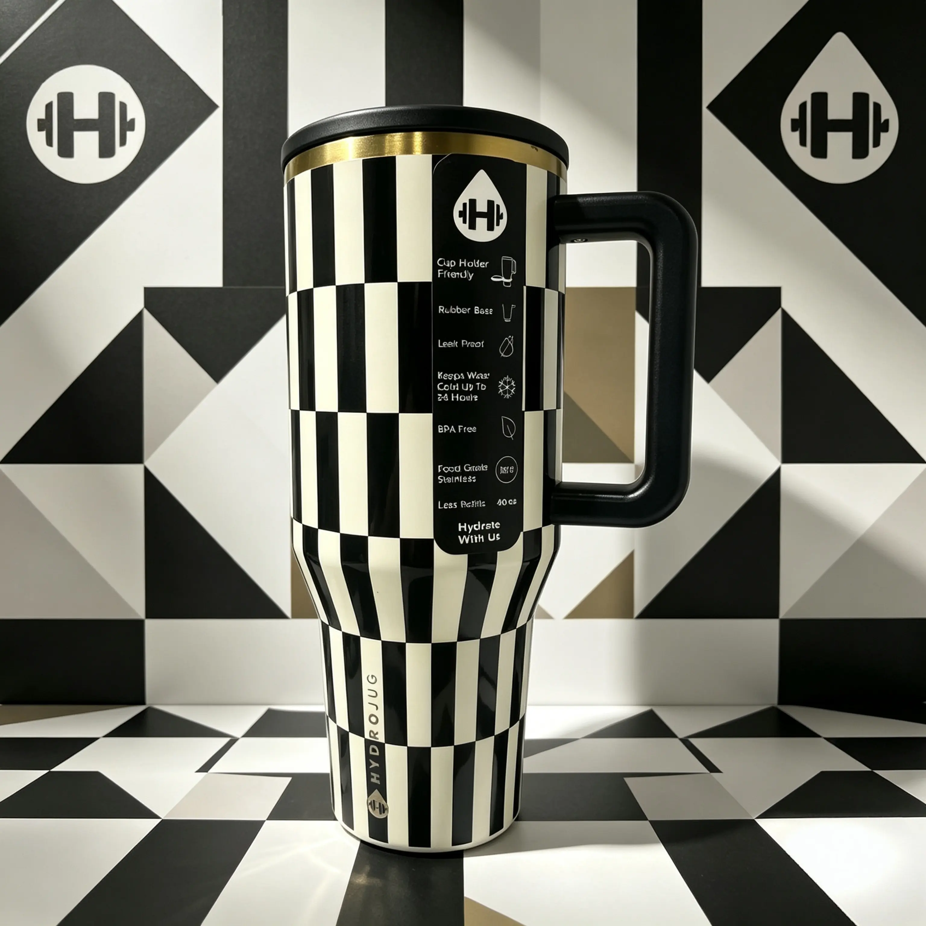 HydroJug 40oz Black & White Checkered Stainless Steel Anti-Scalding Chilling Vacuum Flask - Portable Stylish Car Tumbler, Icy Cold All-Day Kitchenware Beverage Container for Coffee