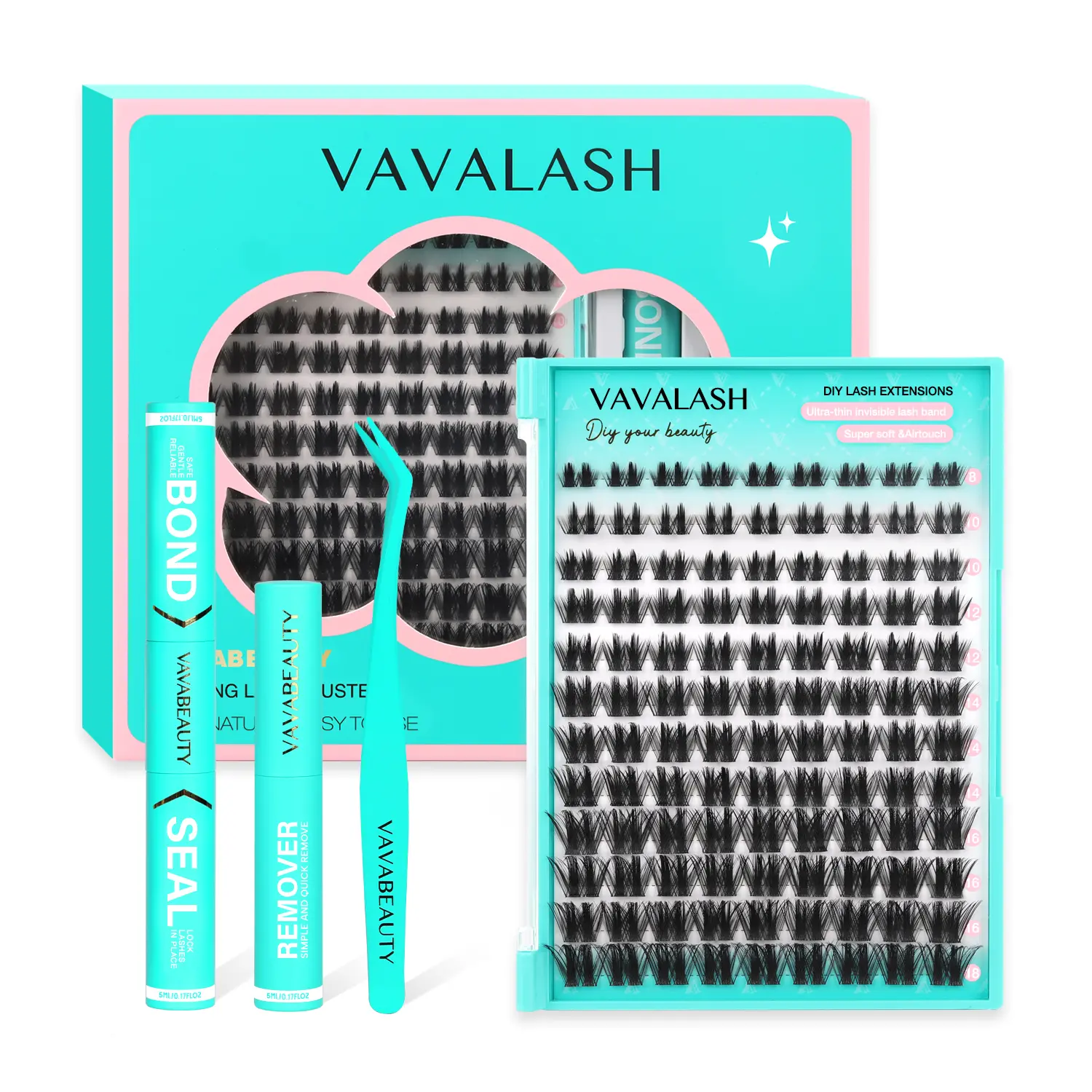 VAVA BEAUTY Pixie/Fairy Manga Anime Candy Dynamic LC Curl  Individual Cluster Lash Kit, Beginner Friendly, Wide Ultra-thin Invisible Lash Band, Waterproof Lash bond For Girls Beauty Makeup At Home Eyelashes Cosmetic