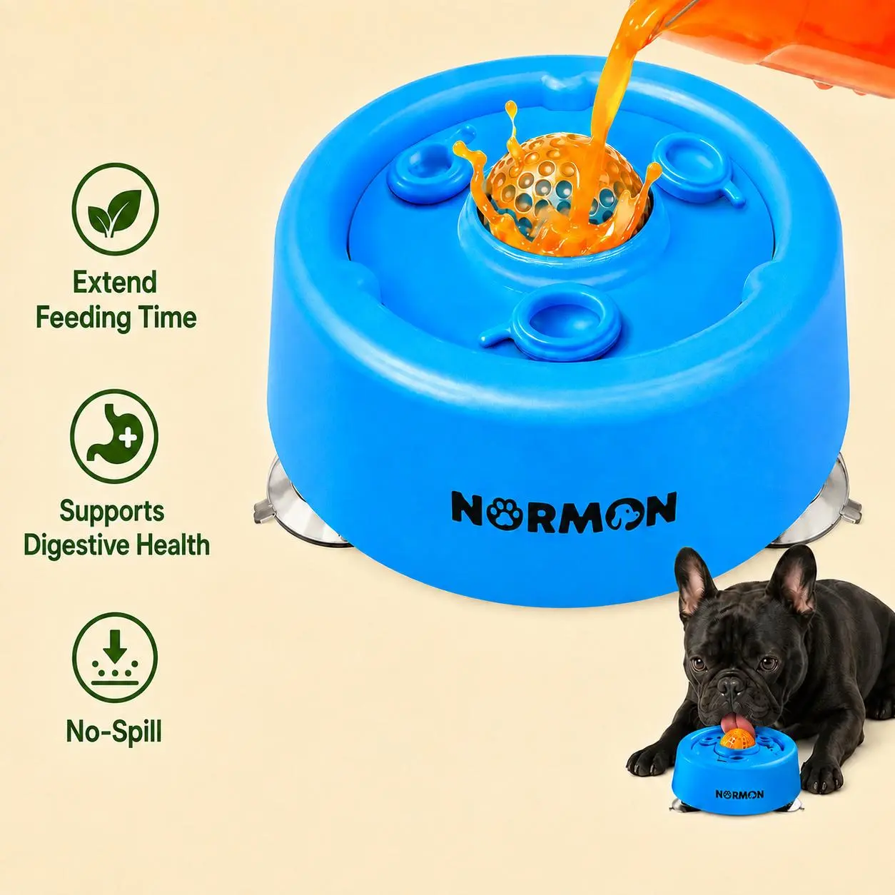 Normon Slow Feeder Dog Bowl with Rolling Ball Design, Interactive Dog Lick Bowl for Bone Broth, Yogurt & Liquid Treats, BPA-Free 250 mL Pet Feeding Bowl for Puppies and Dogs Puppy Bowl Food Slow Feeder