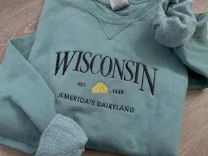 Embroidered Wisconsin, America's Dairyland Vintage Dyed State Crewneck Tshirt Apparel, Sweatshirt, Crew Sweater, 1848 Cotton Menswear Embroidery Hoodie