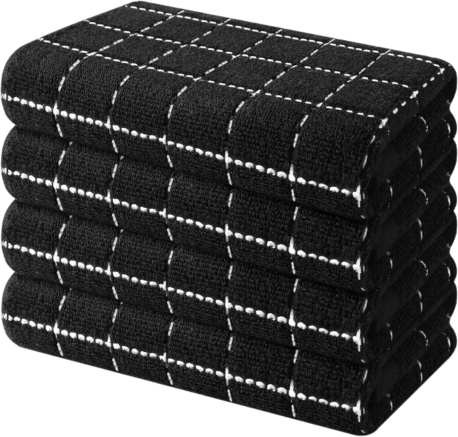 100% Cotton Terry Kitchen Cleaning Towels - 4-Pack Black Checkered, 16x26 in, Durable, Super Soft, Absorbent, Hand-Friendly, Machine Washable, Tumble Dry, Modern, Multifunctional, Wipe Clean Household Kitchen Linens