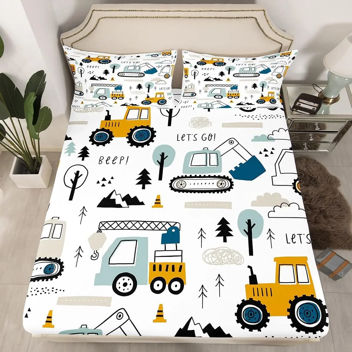 Feelyou Cartoon Vehicle Bedding Set - Breathable Microfiber Sheets, Fitted Sheet, Quilt Cover, Construction Truck Excavator Tractor Themed Decor, White & Yellow Linens, Breathable Sheets, Microfiber Bedding