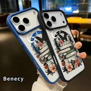 Phone case for iPhone 17 16  Pro Max Plus 15 14 13 12 11 Air E Moonlight Flower Book Pattern Non-Yellowing Shockproof Soft Silicone Transparent Acrylic Cover Supports Wireless Charging Compatible with Galaxy S24