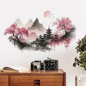 1 piece, Oriental landscape sticker, retro ink painting style 2D flat sticker, suitable for living room, bedroom, kitchen, door wall, home decoration background wall decoration, vinyl super convenient removable self-adhesive sticker wall sticker