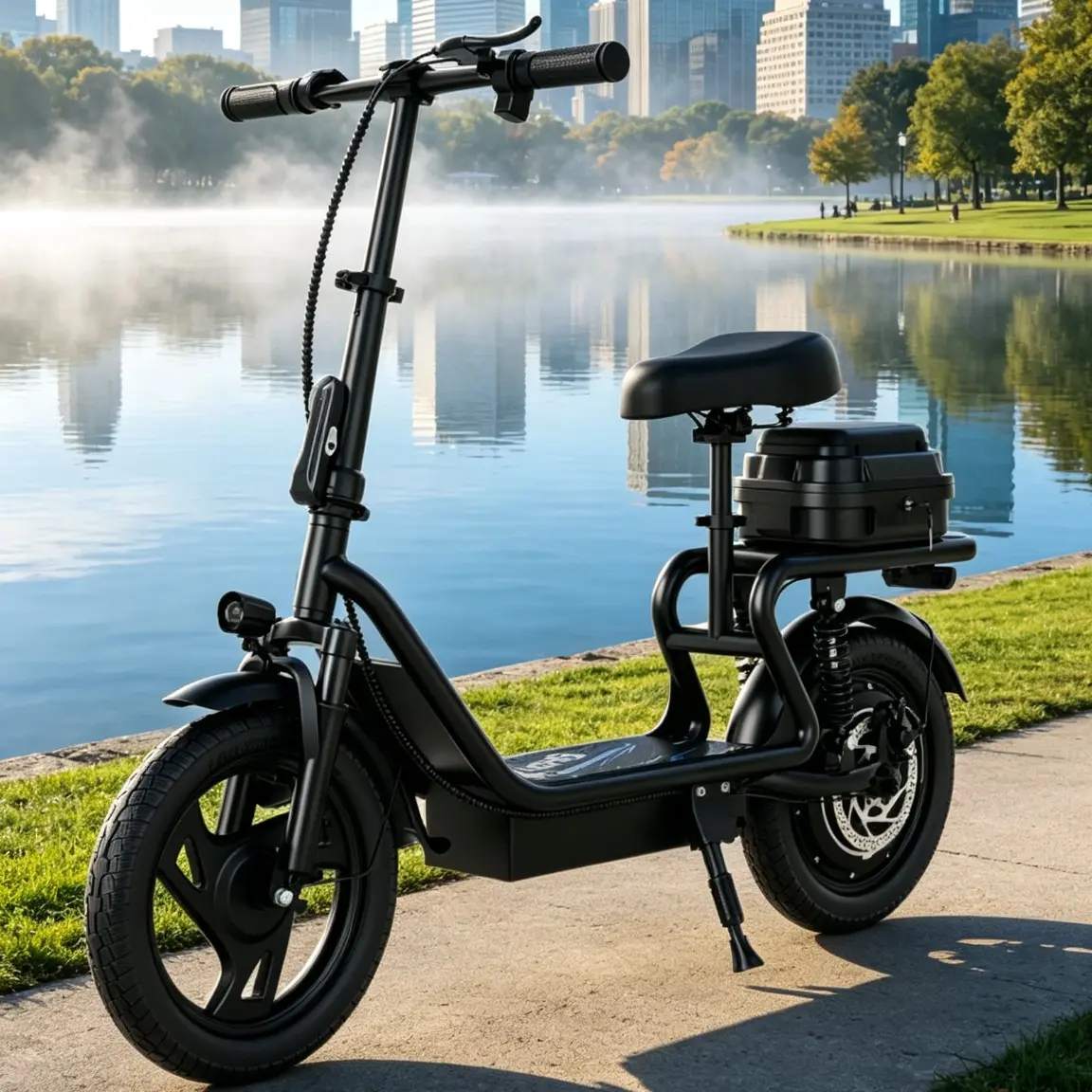 Adult Motorized Electric Scooter with Seat, 48V 10.4Ah Battery, 22 mph Top Speed, 21-27 Mi Driving Range, Pet-Friendly Portable Commuting Motorized Scooter with Rear Basket, Motorized Scooters, Portable Commuting Scooter