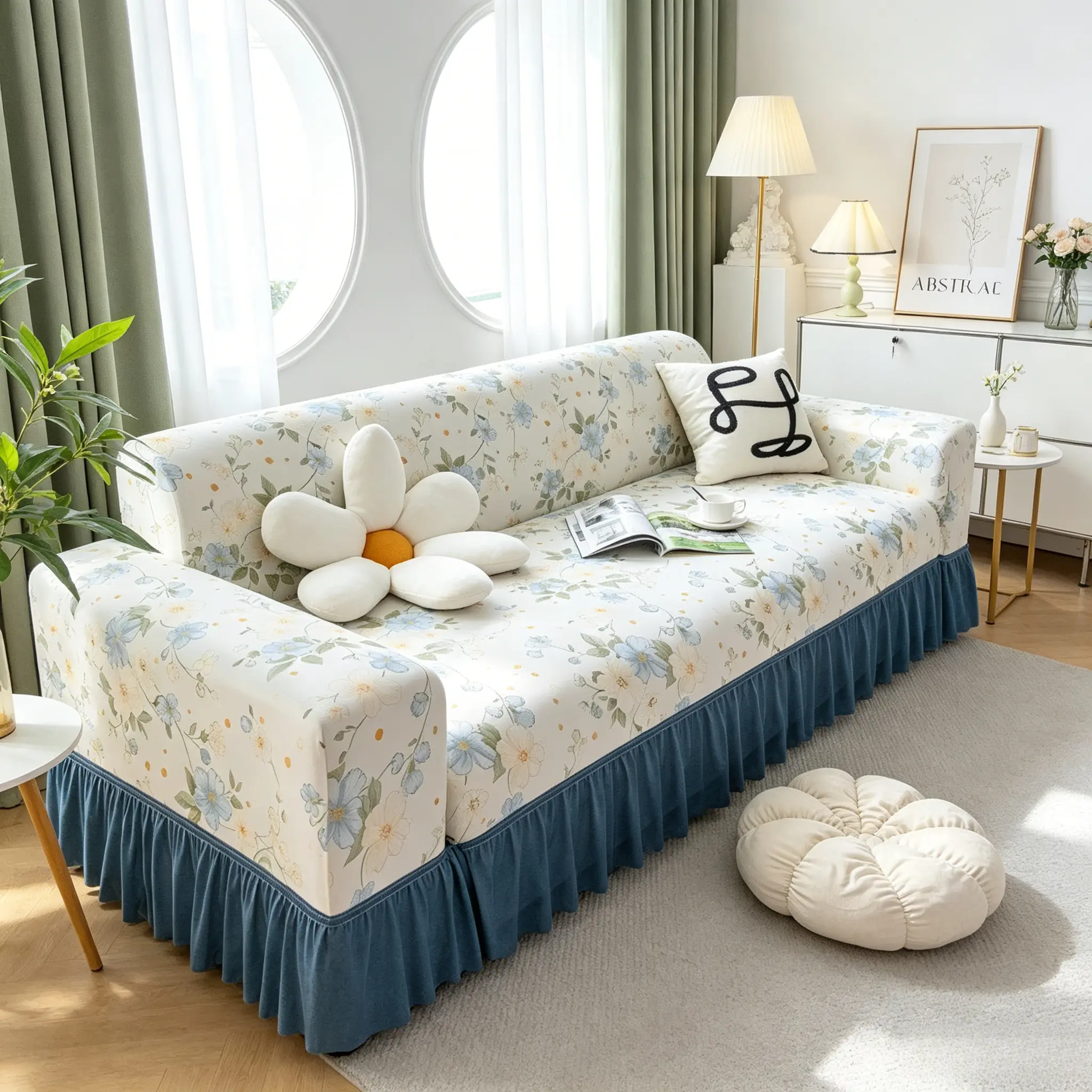 Country-Style Floral Lace Trim Sofa Cover, Full-Cover Dustproof Elastic Slipcover, Soft Breathable Skin-Friendly Reusable, High Elasticity Resists Deformation, Multiple Sizes