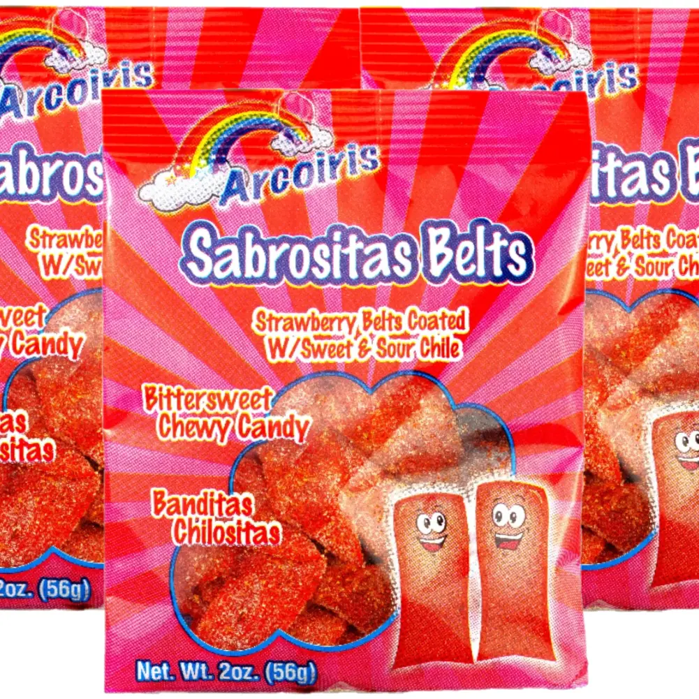 3 pk Arcoiris Sabrositas Belts Strawberry Sour Belts Coated w/Sweet & Sour Chile Chewy Candy 2oz 56g