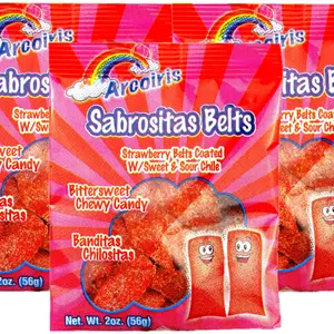 3 pk Arcoiris Sabrositas Belts Strawberry Sour Belts Coated w/Sweet & Sour Chile Chewy Candy 2oz 56g