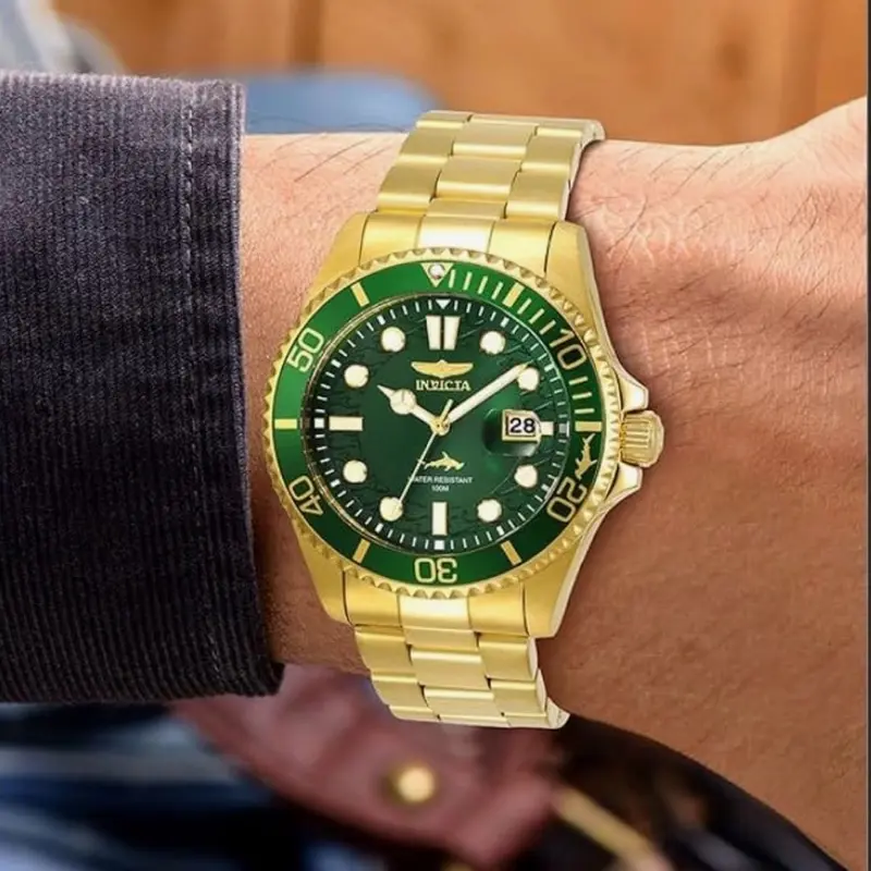 Invicta Pro Diver Men’s Round Mechanical Wrist Watch - 43mm Gold Stainless Steel Case, Green Dial, Waterproof, Luminous, Date Function, with Original Box