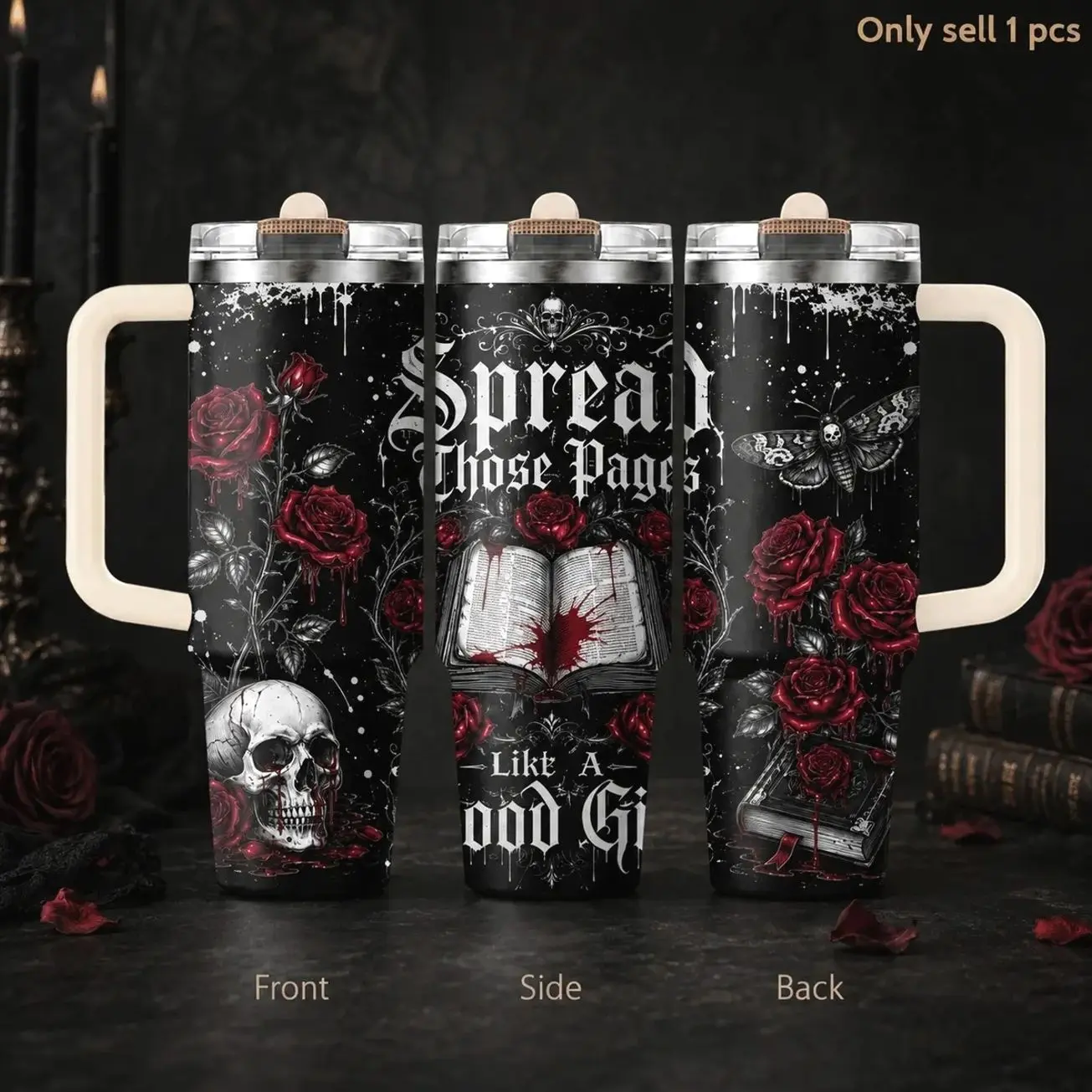 Gothic Skull Red Rose 40oz 3rd Gen Vacuum Insulated Wicked Tumbler with Handle & Straw Lid, Leak-Proof Stainless Steel Travel Mug for Water, Coffee, Gym, Office, Car Cup Holder, Durable Hot & Cold Drink Bottle