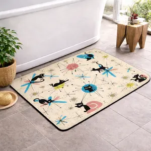 Retro Black Cat Bath Mat, Mid Century Modern Atomic Starburst Bathroom Rug, Non Slip Absorbent Floor Mat for Bathroom Kitchen Bedroom Entryway Home Decor