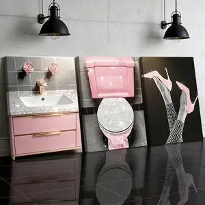 3 Counts Wooden Framed Canvas Painting, Glam Pink Bathroom And High Heels Images, Exquisite Poster, Perfect Gift, Decor For Living Room, Bedthroom, Modern Art, Fashion Family Poster, Wall Art Decoration