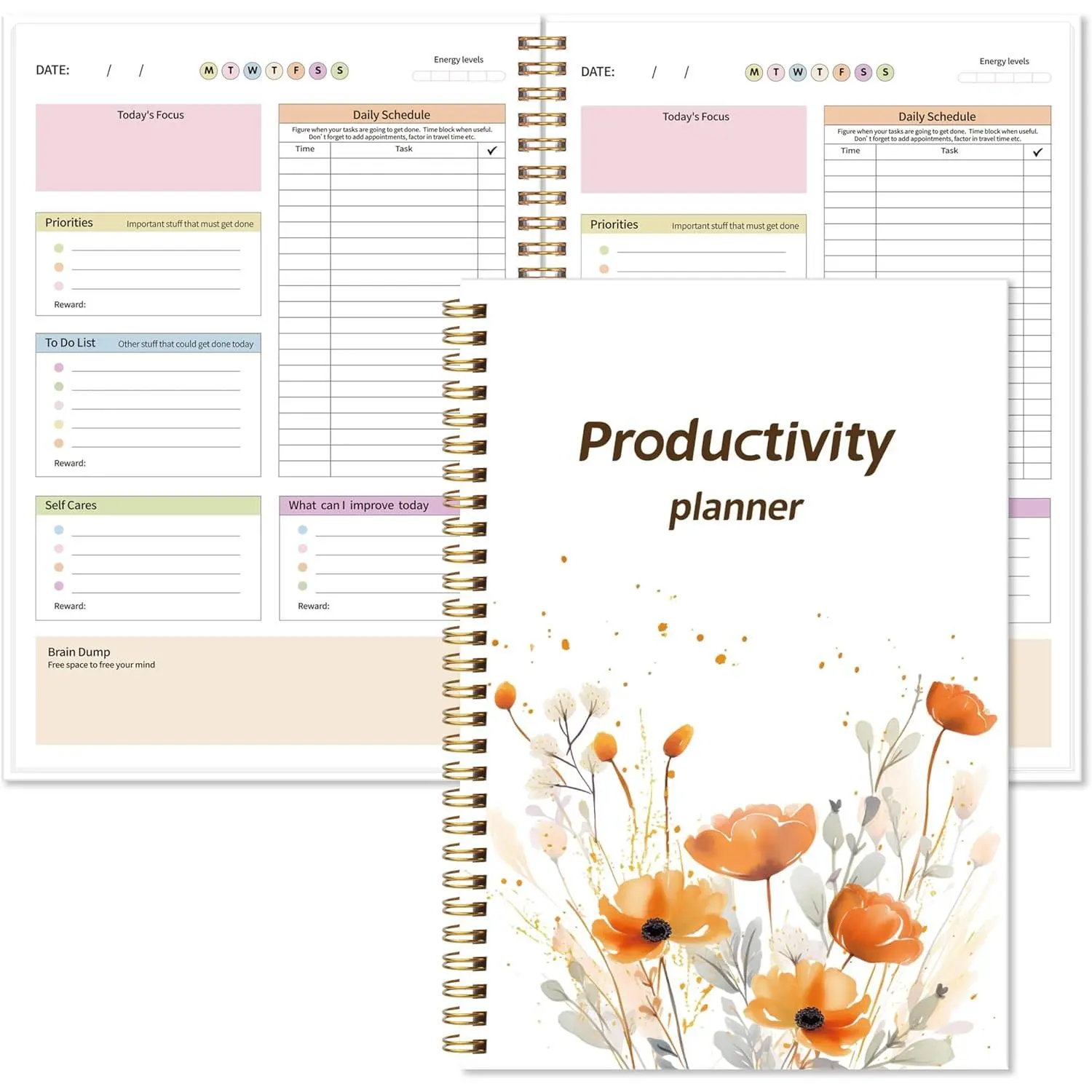 Daily Planner with Hard Cover & Colorful Sheets Inside,Productivity Planner Task Management Organizer for Neurodivergent Adults Focused for Men & Women - 7" x 10" Orange Floral