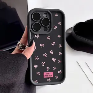 Phone Case: Black Base with Pink Bow, Black Shock-absorbing Frosted Full-coverage Drop-proof Phone Case.Suitable for iPhone 17 16 15 14 Pro Max 13 12 11 Air X XS Plus E