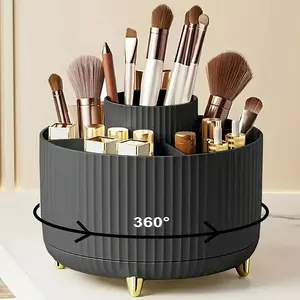 360 Degree Rotating Makeup Storage Box, 5 Compartment Plastic Beauty Organizer, Luxe Stripe Design, Portable Brush Holder, Large Capacity