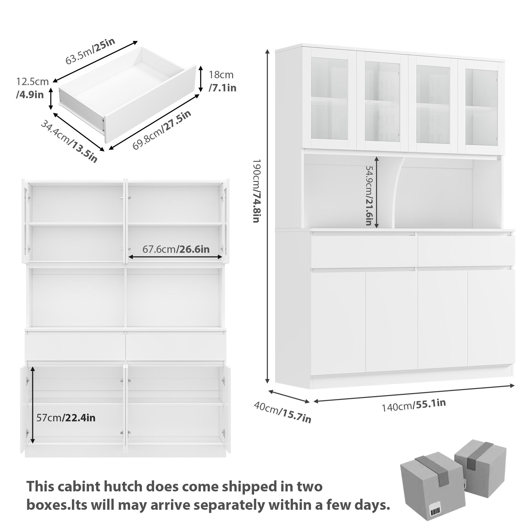 FOTOSOK  74.8" Tall Pantry Cabinet, 55.1" Wide Kitchen Pantry Cabinet  with 2 Drawers, Kitchen Hutch with Microwave Stand, Tall Storage Cabinet for Living Room, White