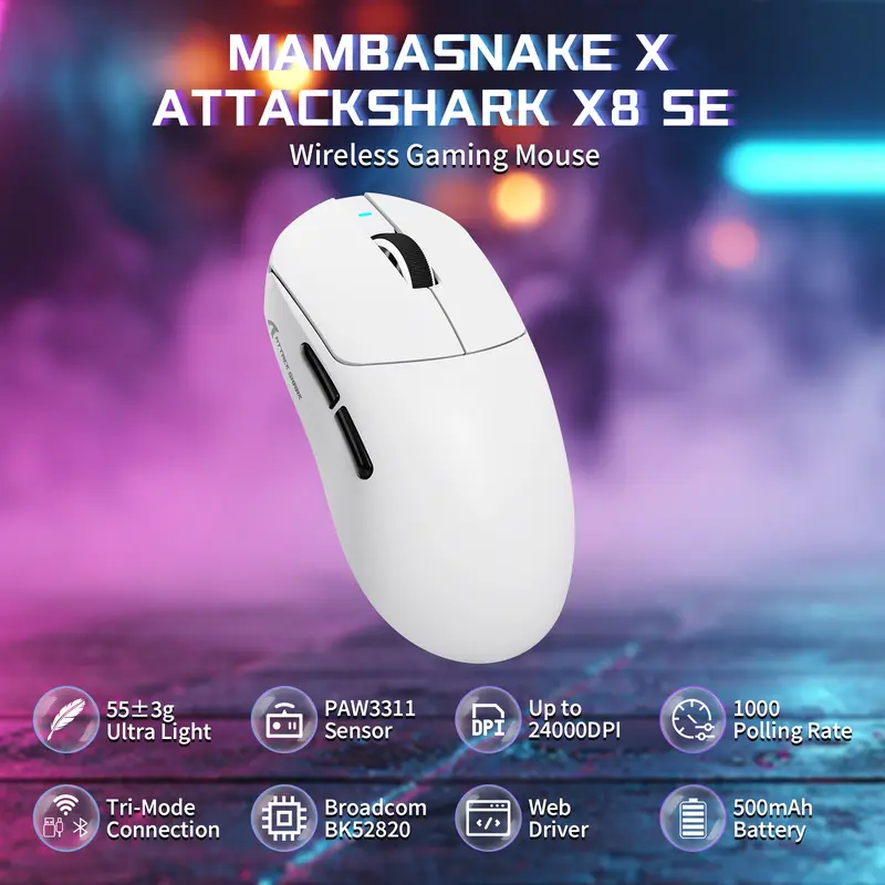 ATTACK X8 Series Tri-mode Ultra-Light Wireless Gaming Mouse - High-Performance PC Gaming Mice for Competitive Play, Ultra Light Wireless Mouse