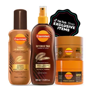 CARROTEN Seasonal Stock-Up Tanning Kit - Body Care Tanning Products with Golden Nourishing Hydrating Moisturizer, Mini Intensive Gel, Mini Calming Shimmer Gel, Turbo Tan Intensifier, Full Coconut Bronze Oil Spray, Radiant Glow