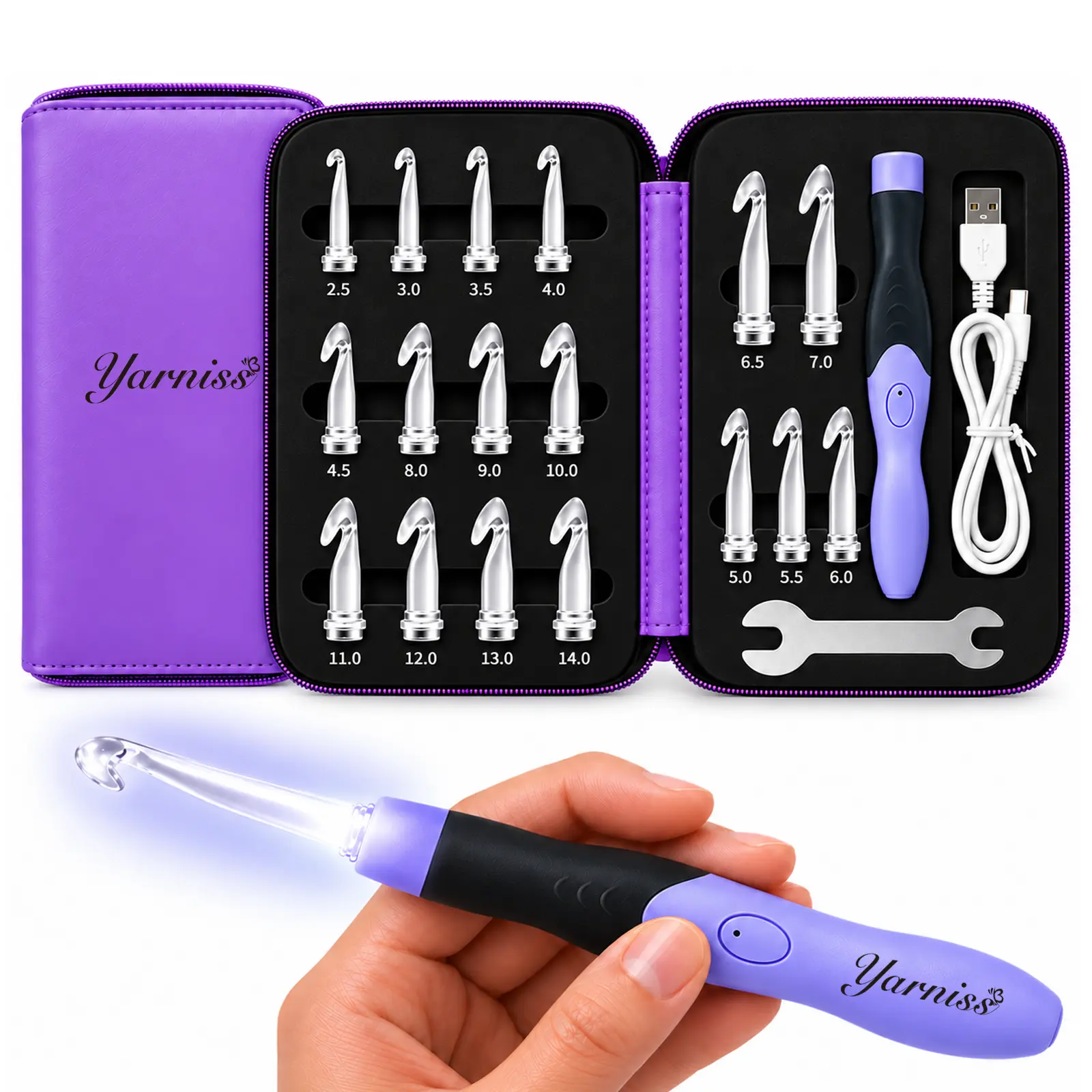 Yarniss Lighted Rechargeable Ergonomic Crochet Needles Kit - 17 Sizes (2.5Mm~14.0Mm), 2 Adjustable Brightness Modes, Fast USB Charging, Longer Light Shaft, Interchangeable Hooks, Storage Case for DIY Knitting Projects