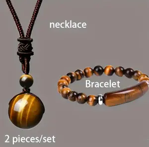 2pcs 16mm Natural Tiger's Eye Stone Jewelry Set - Adjustable Cord Necklace & Matching Bracelet with Marbled Brown & Golden Tiger Eye Gemstones, Unisex Elegant Gift for Men & Women, Valentine's Day, Birthdays, Anniversaries Durable Casual Attire Jewelry