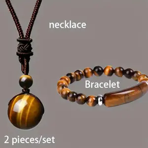 2pcs 16mm Natural Tiger's Eye Stone Jewelry Set - Adjustable Cord Necklace & Matching Bracelet with Marbled Brown & Golden Tiger Eye Gemstones, Unisex Elegant Gift for Men & Women, Valentine's Day, Birthdays, Anniversaries Durable Casual Attire Jewelry