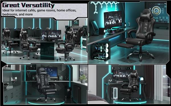 Yaheetech Ergonomic Reclining Gaming Chair with Massage Lumbar Support, Footrest, and Headrest – PU Leather Tall Desk Chair, Swivel Rolling Base