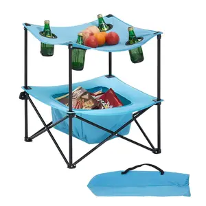 VEVOR Folding Camping Table,  Portable Outdoor Lightweight Picnic Table, 600D Oxford Fabric Waterproof Canvas Travel Beach Tables, with 4 Cup Holders, Carry Bag, for Tailgating Camping Picnic, Blue